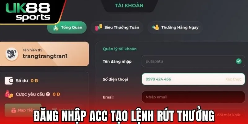 Đăng nhập acc tạo lệnh rút thưởng